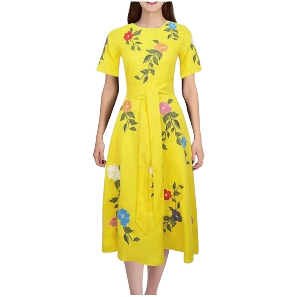 FANM MON NWT SZ6 Gloriosa Yellow Floral Embroidered Midi Dress Belt Short Sleeve